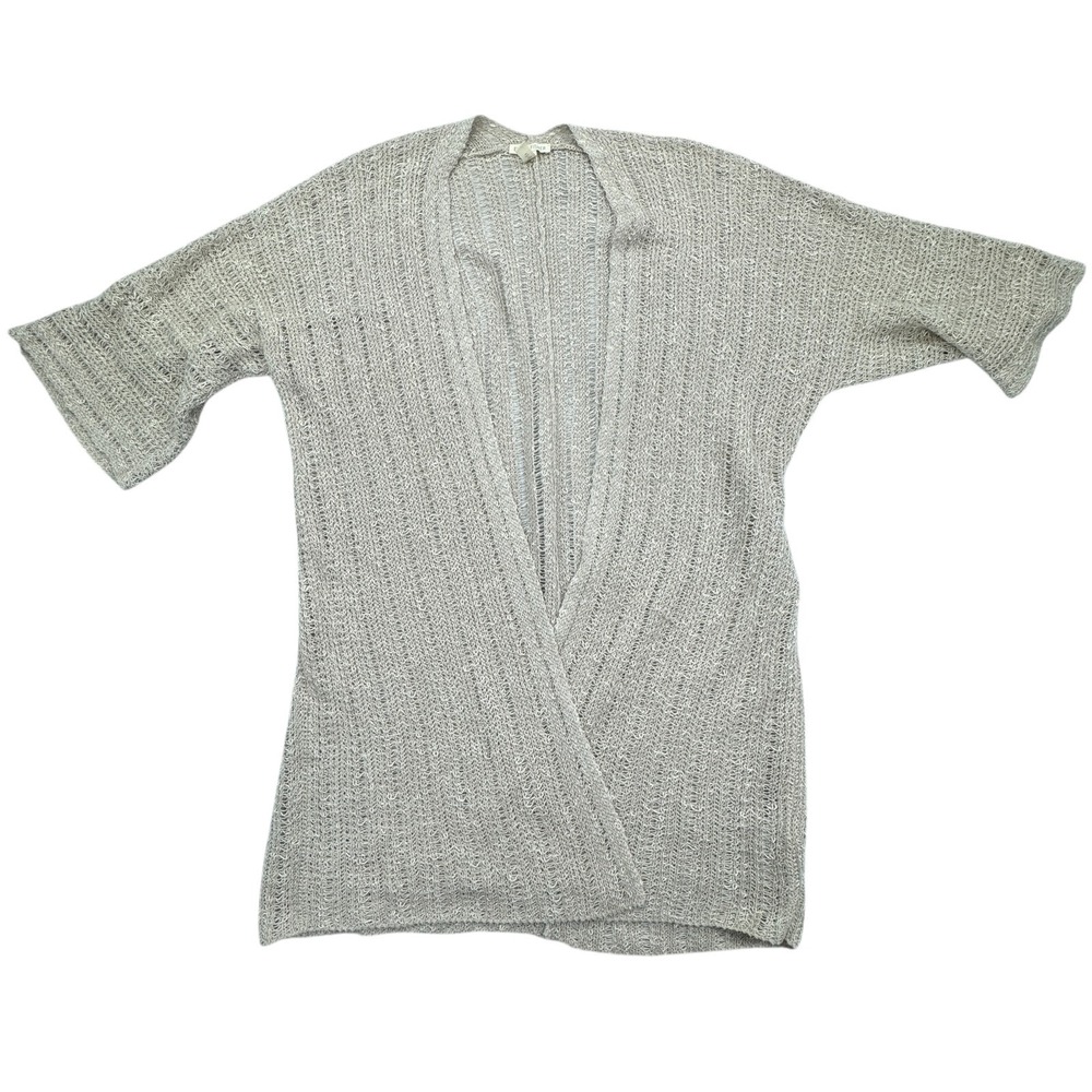 Eileen Fisher Cardigan Sweater Women M Gray Crochet Knit Open Front Linen Blend